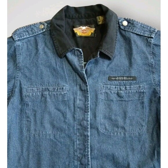 Harley Davidson Womens Denim Embroidered Shacket Snap Up Size L - Picture 3 of 7